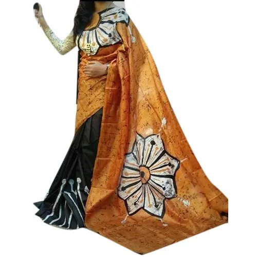 Chanderi Printed Cotton Silk Saree - 6 Meter Orange & Black | Party Wear Winter Women