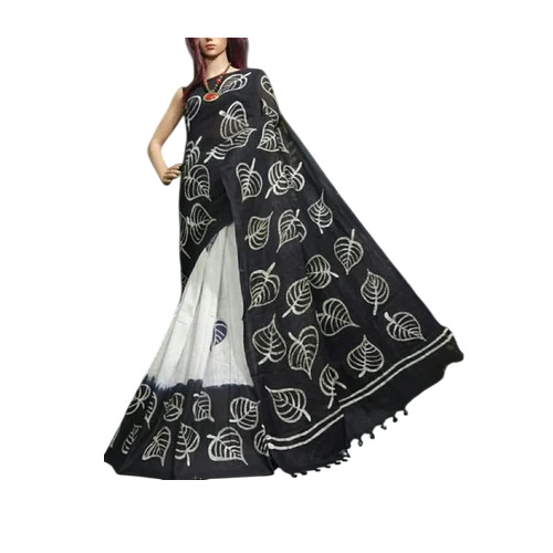 Ladies Linen Batik Saree - Cotton, 6 Meter, White & Black | Printed, Party Wear, Bengali Style, Summer