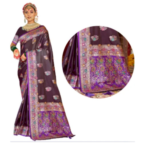 Maroon Satin Tea Post Saree - Satin 6 Meter Embroidered Border | Floral Print Party Wear Winter Weaving