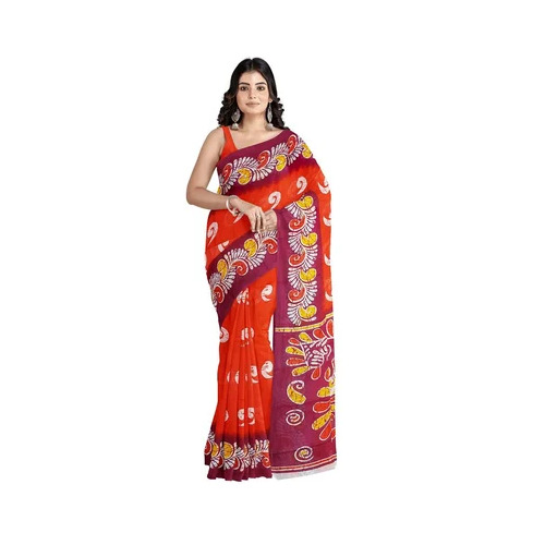 Orange Printed Cotton Saree - 5.5m Length, With Blouse Piece | Women, Casual, Summer, Bangali Style
