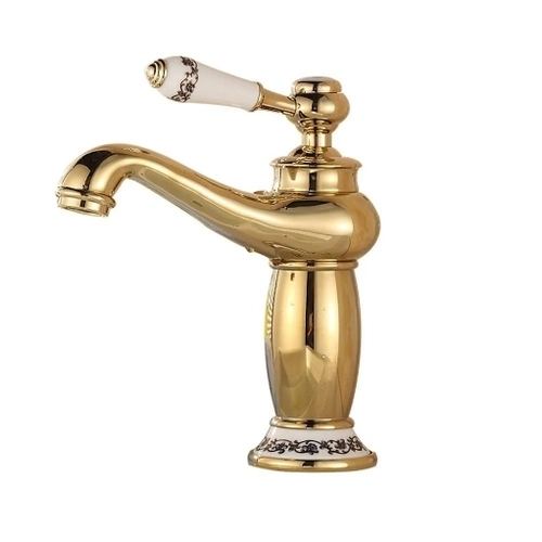 Single Lever Basin Mixer - Brass, Customized Size, Golden, Round | Deck-Mounted, Glossy Finish, High Flow Rate, Durable