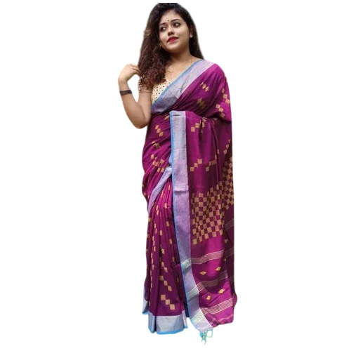 Violet Pure Cotton Saree - Cotton, 6m, Violet | Printed, Bengali Style, Casual, Summer Wear, With Blouse
