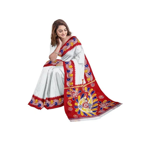 White & Red Printed Cotton Saree