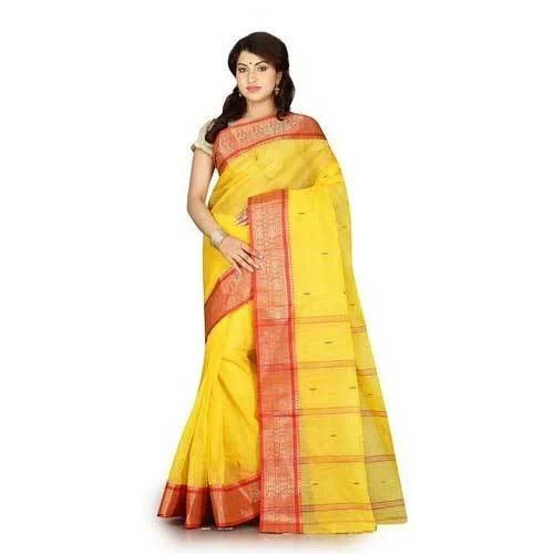 Yellow Ladies Cotton Saree - 6 Meter Length, With Blouse | Yellow, Women, Printed, Casual, Summer, Bangali Style