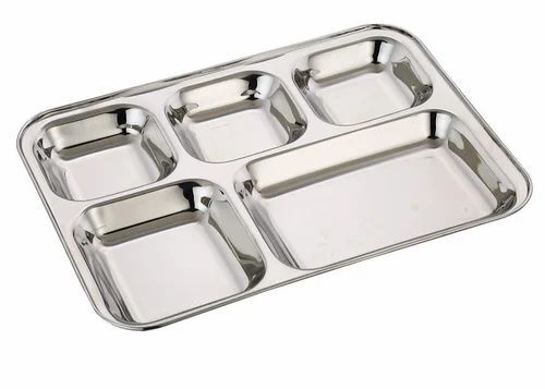 Stainless Steel Compartment Plate - SS 304, 5 Compartments, Silver, Polished | Corrosion Resistant, Rust Proof, Heat Resistant