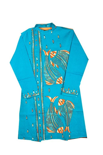 Blue Kantha Stitch Cotton Kurta For Men