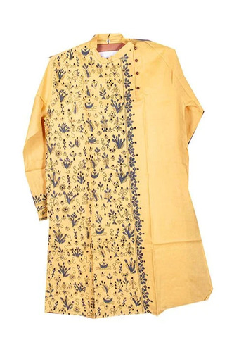 Light Yellow Cotton XL Kurta For Men - Embroidered Knee Length, Hand Wash, With Side Slits, Breathable Comfortable