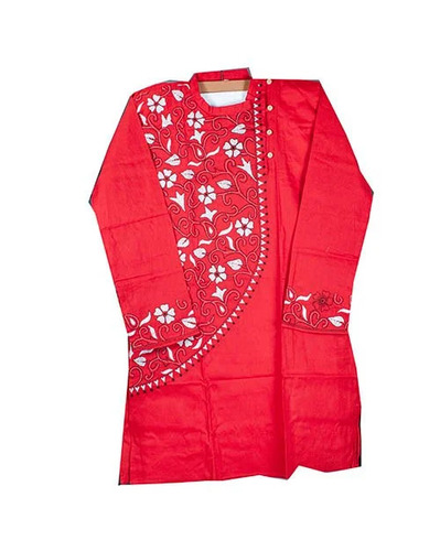 Red Kantha Stitch Kurta For Men