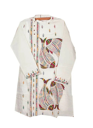 White Kantha Stitch Cotton Kurta For Men - Cotton, XL, White, Knee Length, Embroidered, With Side Slits | Breathable, Comfortable, Traditional Style
