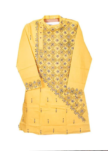 Yellow Embroidered Kantha Stitch Kurta For Men
