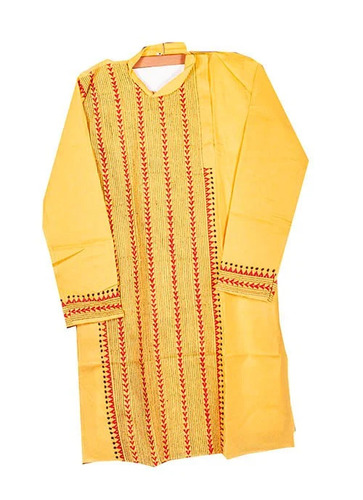 Yellow Kantha Stitch Kurta For Men - Cotton, Knee Length, Yellow, Embroidered, Hand Wash | Breathable, Comfortable, Traditional Style