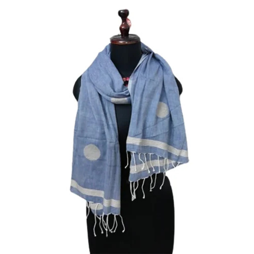 Blue Cotton Jamdani Stole - Cotton, 1.8 Meters, Blue & White | Jamdani Weaved, Embroidered, Comfortable Stole for Women