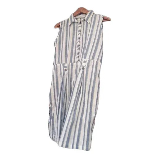 Ladies Striped Cotton Sleeveless Dress - Cotton, Sizes L-XL, White & Blue | Modern Stripe, Round Neck, Casual Summer