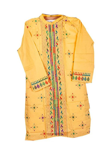 Mens Yellow Cotton XL Kurta - Embroidered Design, Knee Length, Hand Wash, With Side Slits, Breathable Comfortable