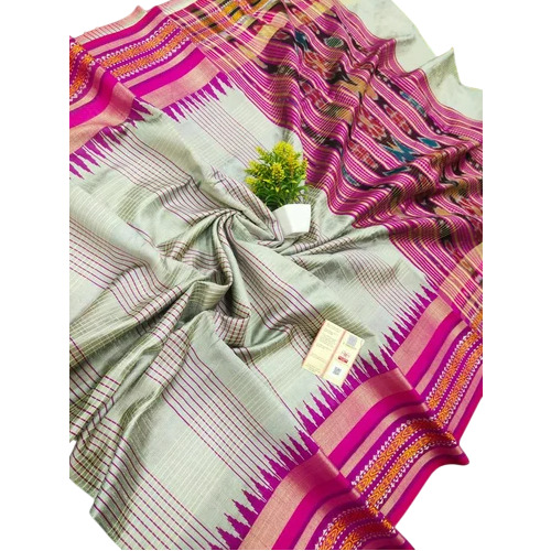 Semi Tussar Saree - Silk, White & Pink, Semi Tussar | Women, Party Wear, Bengali Style, Winter