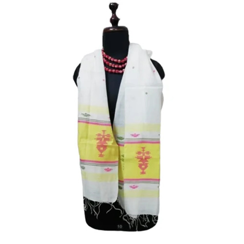 White & Yellow Cotton Jamdani Stole - 1.8m x 30in, Rectangular, Embroidered Design, Comfortable Daily Wear
