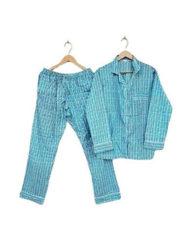 Aqua Blue Cotton Printed Pyjama Set - 26 Inch Shirt, 38 Inch Pajama, Full Sleeves | Elegant Design, Quick Dry, Comfortable Fit