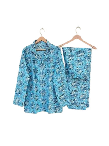 Blue Green Cotton Block Print Pyjama Set