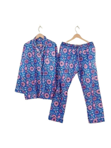 Glaucous Blue Cotton Pyjama Set - Stitched, Shirt 26 Inch, Pajama 38 Inch, Printed Pattern | Elegant Design, Comfortable Fit, Quick Dry