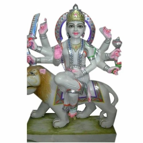 Marble Durga Statue - Standard Size White Marble Painted Finish | Durable Water Repellent Fine Carving Tabletop & Floor Placement