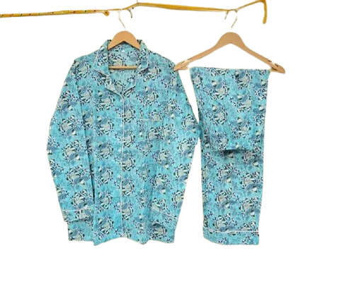 Pastel Blue Cotton Printed Pyjama Set