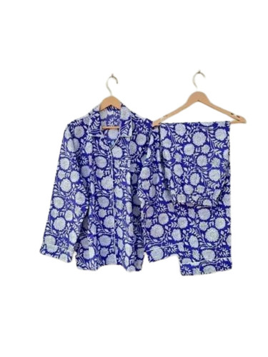 Slate Blue Cotton Floral Print Pyjama Set