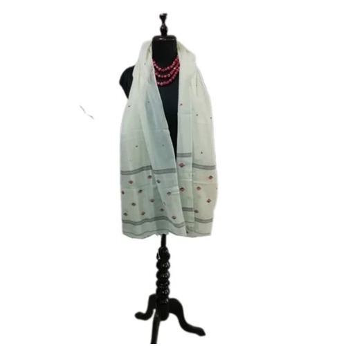 White Embroidered Cotton Jamdani Stole - 1.8m x 30in, White | Comfortable Fashion Stole for Women