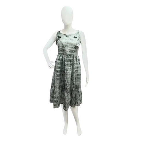 Green Ladies Dress - Cotton, Green, Round Neck | Sleeveless, Printed, Casual Party Wear, Skin Friendly