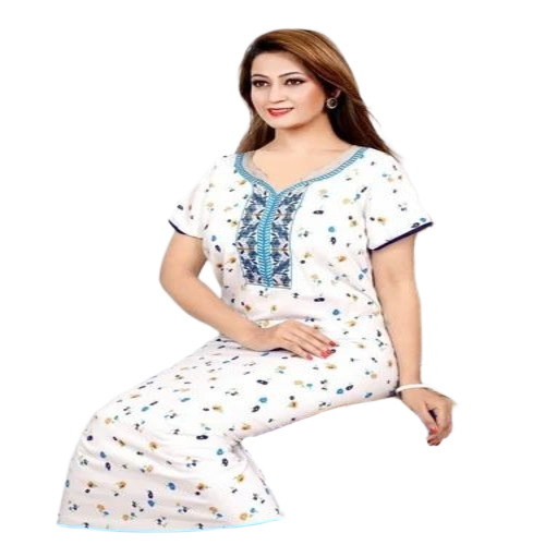Ladies Printed Cotton Nighties - Cotton, L-XXL, White, Half Sleeve | Easy Washable, Comfortable, Fine Finish