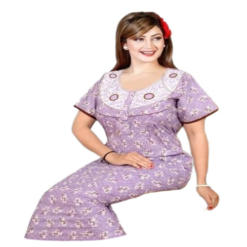 Ladies Purple Nighties - Cotton Printed Summer Nightgown, Half Sleeve, Comfortable, Easy Washable