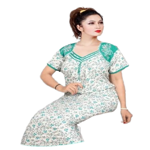 Ladies White Nighties - Cotton Printed, Free Size, Half Sleeve | Easy Washable, Comfortable, Fine Finish