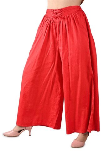 Red Wide Leg Cotton Palazzo Pants - Free Size, Machine Wash | Casual Summer Daily Wear, Plain Red Women's Palazzo