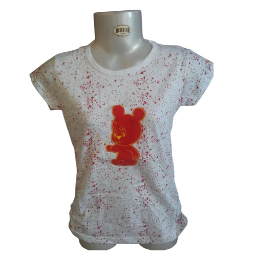 White & Red Printed Ladies T Shirt - Lycra Fabric, White & Red, O-Neck | Comfortable, Casual, Short Sleeves