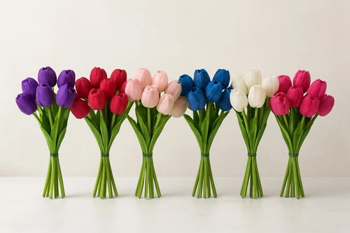 Artificial Tulip Flowers - Plastic Vibrant Colors Lightweight Stems | Fade Resistant Reusable Maintenance Free