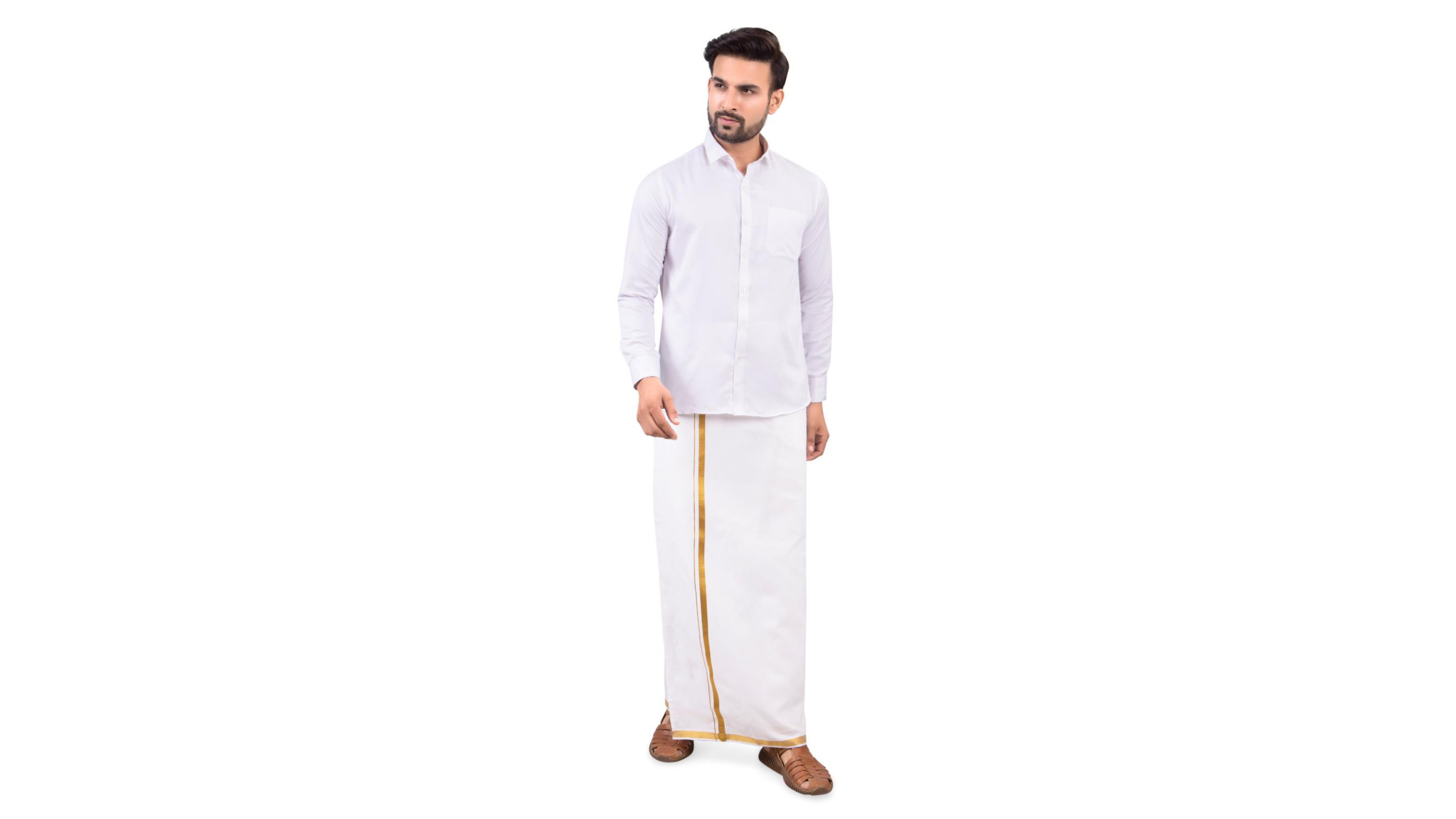Mens Cotton Dhoti Shirt Set - Design: Jerry (Golden Border)