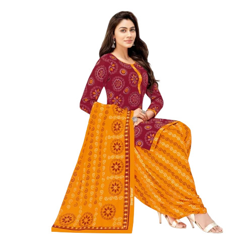 Cotton Unstitched Salwar Suits - Optimum Grade, Maroon & Orange, Printed | Breathable, Comfortable, Machine Washable
