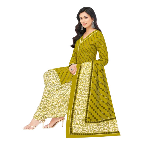 Greenish Printed Cotton Salwar Suit - Unstitched Churidar, Straight Style, Machine Washable, Full Sleeves, Breathable, Comfortable