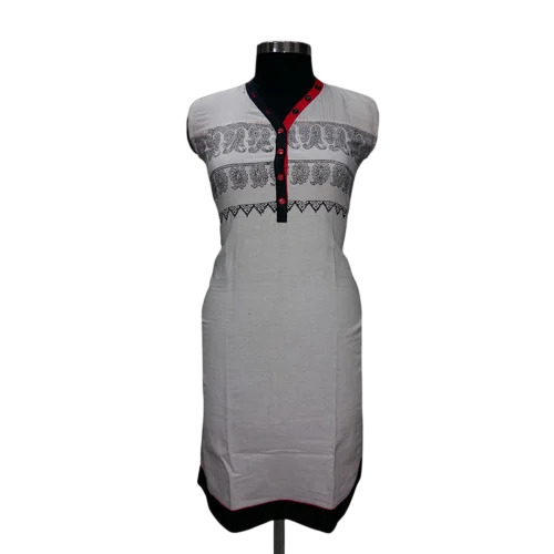 Ladies Block Printed Cotton Kurti - Cotton, Sizes S-XL, Gray | Breathable, Washable, Sleeveless, Modern Party Wear