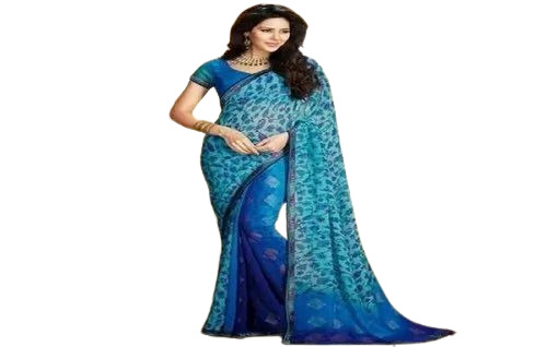 Ladies Casual Wear Printed Blue Cotton Saree