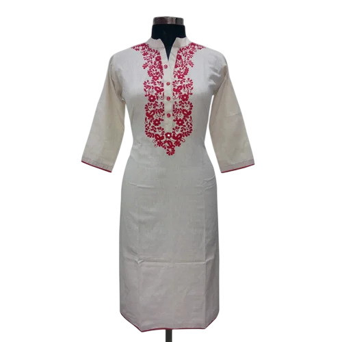 Ladies Cotton Embroidered Kurti - Cotton, Size L/M/S/XL, White & Pink | Breathable, Washable, 3-4th Sleeve, Modern Party Wear