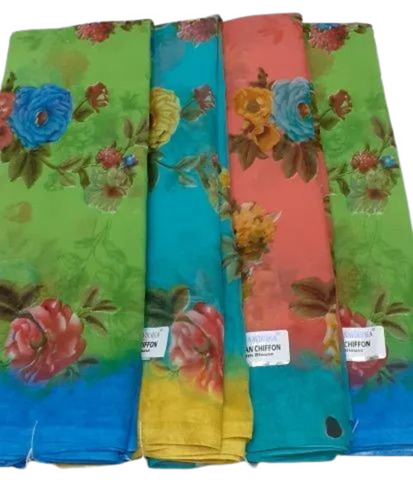 Printed Chiffon Saree - 6 M, Multi Color | Light Weight, Soft, Breathable, Comfortable Fit