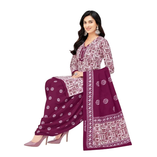 Printed Cotton Unstitched Salwar Suit - Cotton, Maroon, Printed | Breathable, Comfortable, Washable, Full Sleeves