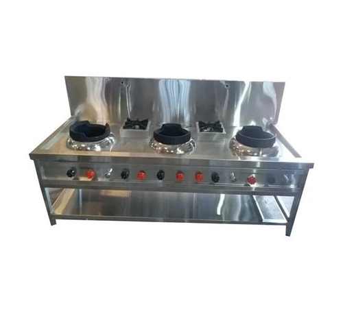 Three Burner Chinese Gas Range - Stainless Steel Polished Silver Manual Knob Ignition | Rust Free Gas Powered