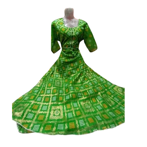 Bandhej Gown - Bandhej Material, Green, Full Sleeves | Modern Ethnic, Summer Party Wear, Hand Wash