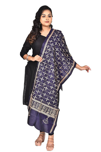 Black Pure Silk Kantha Stitch Stole - Silk, Free Size, Black | Women's Evening Party Wear Stole