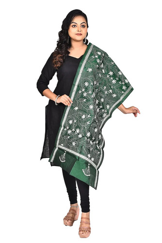 Dark Green Pure Silk Kantha Stitch Stole