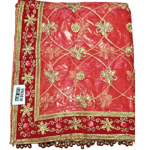Ladies Nylon Net Embroidered Dupatta With Velvet Border - Color: Red & Golden