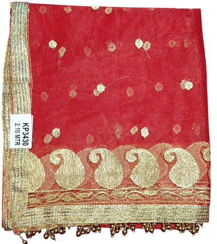 Net Embroidery Dupatta - Color: Red & Golden