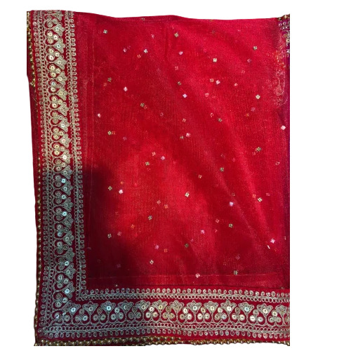 Net Handwork Dupatta With Katrina Velvet Border - Nylon Net, Red & Golden, Embroidered | Wedding, Traditional, Hand Wash