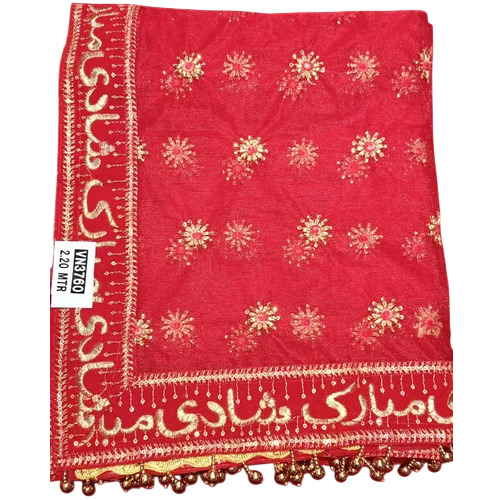 Nylon Net Embroidered Dupatta With Velvet Border - Net Fabric, Red & Golden, Gota Patti Work | Traditional Bridal Wedding, Hand Wash